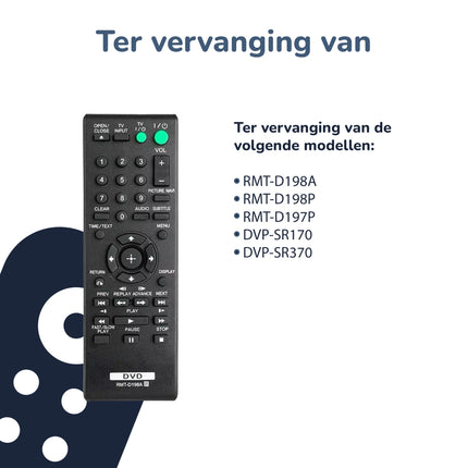 Bedienbaas DVD/CD Afstandsbediening - Geschikt voor Sony - RMT - D198A/RMT - D198P/DVP - SR serie - Alleafstandsbedieningen.nl