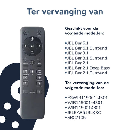 Bedienbaas – Soundbar Afstandsbediening – JBL Bar 2.1 / 3.1 / 5.1 vervanging – Geen installatie - Alleafstandsbedieningen.nl